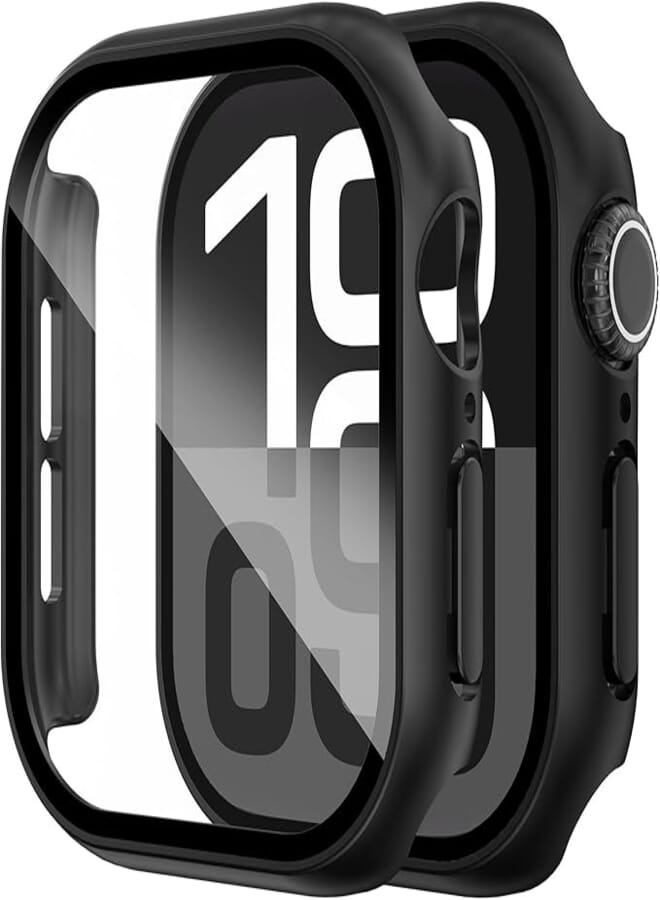CHANCHY 2 Pack Hard Case Designed for Apple Watch Series 10 42mm [360° Shockproof] with 9H Tempered Glass Screen Protector, [Scratch-Resistant] Cover - Black